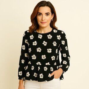 LOFT chiffon black and white floral pattern lined flowy blouse vcay Sz Small